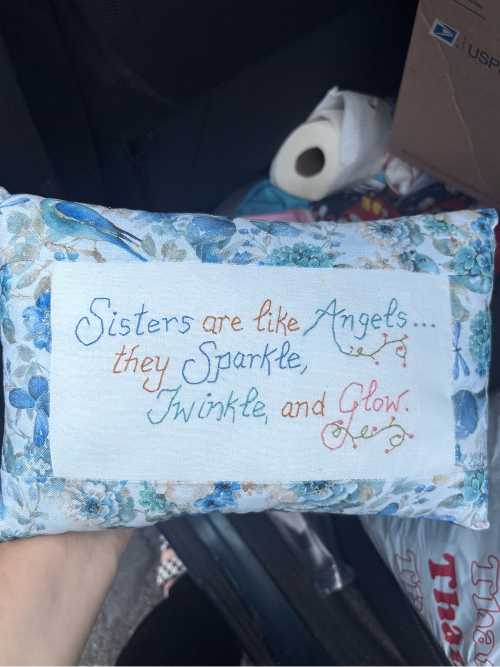 Hand stitched Floral Blue Sisters Pillow - Sentimental Home Holiday Accent